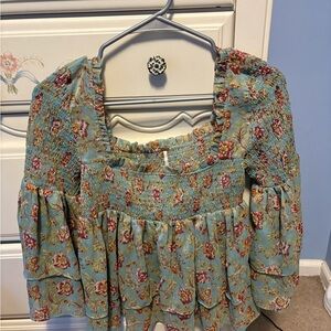 Green Smocked Puff Sleeve Blouse